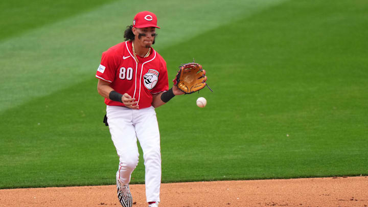Cincinnati Reds shortstop Edwin Arroyo (80) fields a groundball in the eighth inning during a MLB spring training baseball game, Monday, Feb. 26, 2024, at Goodyear Ballpark in Goodyear, Ariz. Cincinnati Reds shortstop Edwin Arroyo (80) fields a groundball in the eighth inning during a MLB spring training baseball game, Monday, Feb. 26, 2024, at Goodyear Ballpark in Goodyear, Ariz.