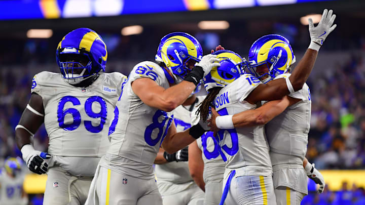 Oct 24, 2024; Inglewood, California, USA;  Los Angeles Rams wide receiver Demarcus Robinson (15) celebrates his touchdown scored against the against the Minnesota Vikings during the second half at SoFi Stadium. Mandatory Credit: Gary A. Vasquez-Imagn Images