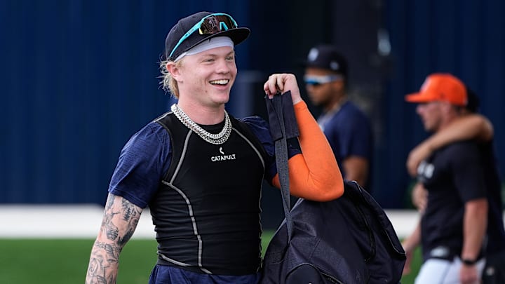 Detroit Tigers prospect Max Clark gets ready for practice during spring training at TigerTown in Lakeland, Fla. on Sunday, Feb. 16, 2025.