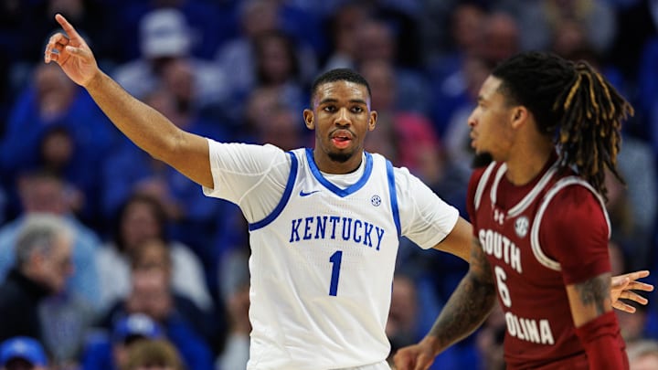 Feb 8, 2025; Lexington, Kentucky, USA; Kentucky Wildcats guard Lamont Butler (1) defends against South Carolina Gamecocks guard Jamarii Thomas (6) during the second half at Rupp Arena at Central Bank Center. Mandatory Credit: Jordan Prather-Imagn Images