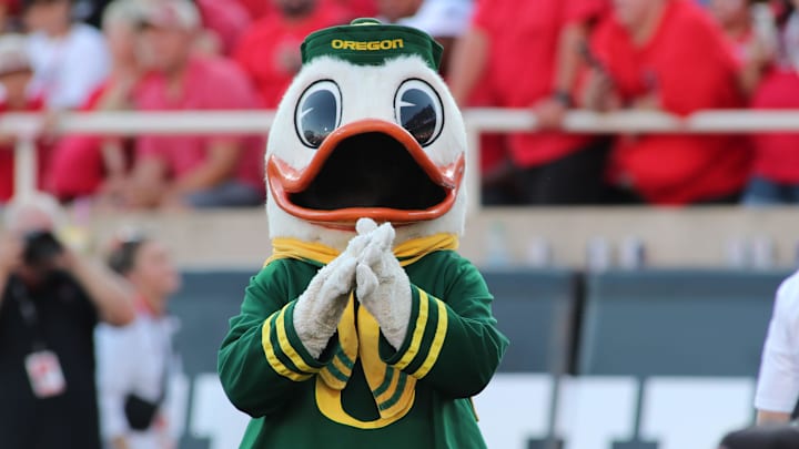 Sep 9, 2023; Lubbock, Texas, USA; The Oregon Ducks mascot on the sidelines during the game against