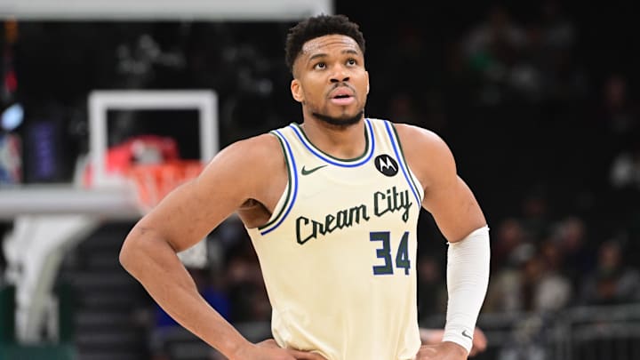 Mar 4, 2026; Milwaukee, Wisconsin, USA; Milwaukee Bucks forward Giannis Antetokounmpo (34) looks on in the fourth quarter against the Atlanta Hawks at Fiserv Forum. Mandatory Credit: Benny Sieu-Imagn Images