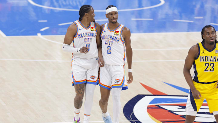 Jun 16, 2025; Oklahoma City, Oklahoma, USA; Oklahoma City Thunder forward Jalen Williams (8) and guard Shai Gilgeous-Alexander (2) walk back up the court in the first quarter against the Indiana Pacers during game five of the 2025 NBA Finals at Paycom Center. Jun 16, 2025; Oklahoma City, Oklahoma, USA; Oklahoma City Thunder forward Jalen Williams (8) and guard Shai Gilgeous-Alexander (2) walk back up the court in the first quarter against the Indiana Pacers during game five of the 2025 NBA Finals at Paycom Center.
