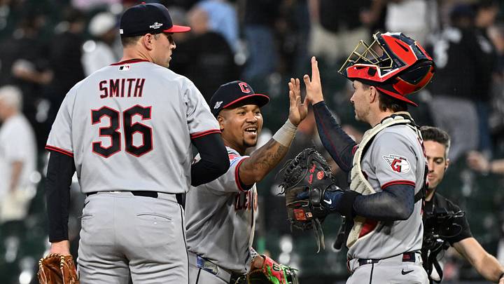 Oct 7, 2026; Chicago, Illinois, USA;  Cleveland Guardians third baseman Jose Ramirez, middle, celebrates with pitcher Cade Smith (36) and catcher Patrick Bailey (16) after the Guardians beat the Chicago White Sox in game three of the ALDS for the 2026 MLB Playoffs at Rate Field.  Mandatory Credit: Matt Marton-Imagn Images