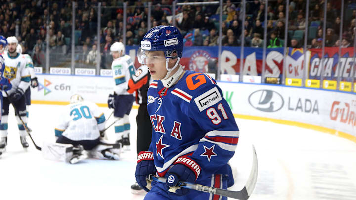 Ivan Demidov (91) SKA Hockey Club seen in action during the...