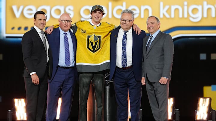 Jun 28, 2024; Las Vegas, Nevada, USA; Trevor Connelly is selected by the Vegas Golden Knights with the 19th overall pick in the first round of the 2024 NHL Draft at The Sphere. Mandatory Credit: Stephen R. Sylvanie-Imagn Images