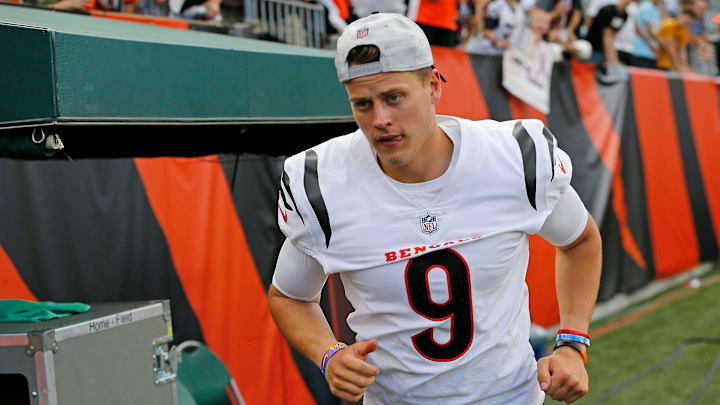 Cincinnati Bengals quarterback Joe Burrow (9) runs for the locker room in the fourth quarter of the NFL Preseason Week 3 game between the Cincinnati Bengals and the Miami Dolphins at Paul Brown Stadium in downtown Cincinnati on Sunday, Aug. 29, 2021. The Dolphins made a long touchdown drive in the fourth quarter to win 29-26.
Miami Dolphins At Cincinnati Bengals Preseason Cincinnati Bengals quarterback Joe Burrow (9) runs for the locker room in the fourth quarter of the NFL Preseason Week 3 game between the Cincinnati Bengals and the Miami Dolphins at Paul Brown Stadium in downtown Cincinnati on Sunday, Aug. 29, 2021. The Dolphins made a long touchdown drive in the fourth quarter to win 29-26.
Miami Dolphins At Cincinnati Bengals Preseason