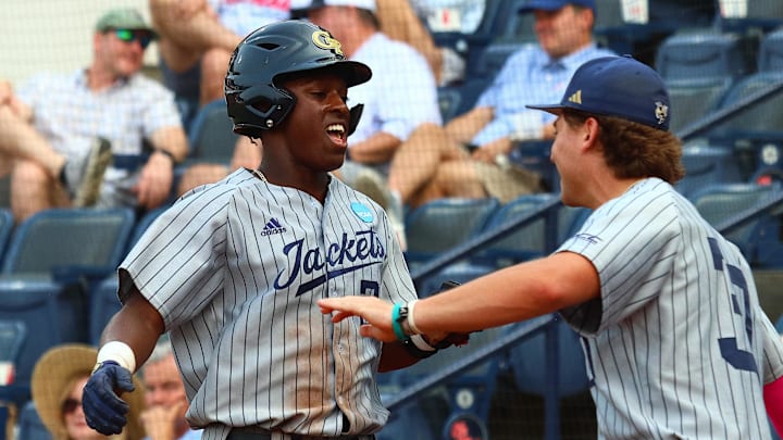 May 31, 2025; Oxford, MS, USA; Georgia Tech Yellowjackets catcher Vahn Lackey (25) react after scoring during the first inning against the Murray State Racers. Mandatory Credit: Petre Thomas-Imagn Images