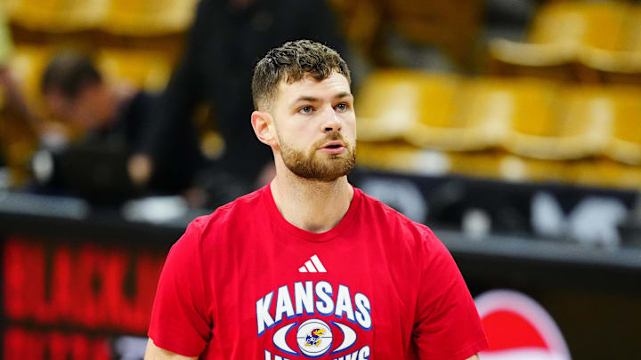 Feb 24, 2025; Boulder, Colorado, USA; Kansas Jayhawks center Hunter Dickinson (1) warms up before the game against the Colorado Buffaloes at the CU Events Center. Mandatory Credit: Ron Chenoy-Imagn Images