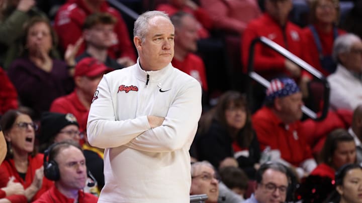 Feb 15, 2026; Piscataway, New Jersey, USA; Rutgers Scarlet Knights head coach Steve Pikiell looks on during the first half against the Maryland Terrapins at Jersey Mike's Arena. Mandatory Credit: Vincent Carchietta-Imagn Images