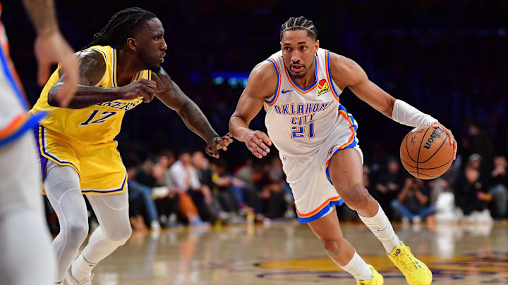 Mar 4, 2024; Los Angeles, California, USA; Oklahoma City Thunder guard Aaron Wiggins (21) moves to
