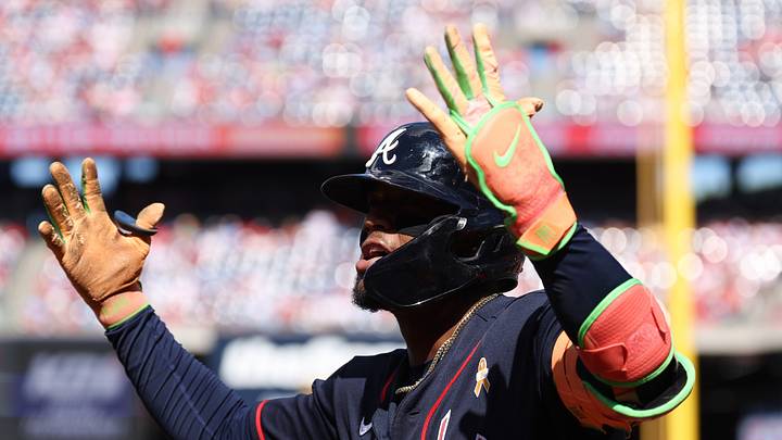Sep 6, 2026; Philadelphia, Pennsylvania, USA; Atlanta Braves right fielder Ronald Acuna Jr. (13) reacts after hitting a three RBI home run against the Philadelphia Phillies during the eighth inning at Citizens Bank Park. Mandatory Credit: Bill Streicher-Imagn Images
