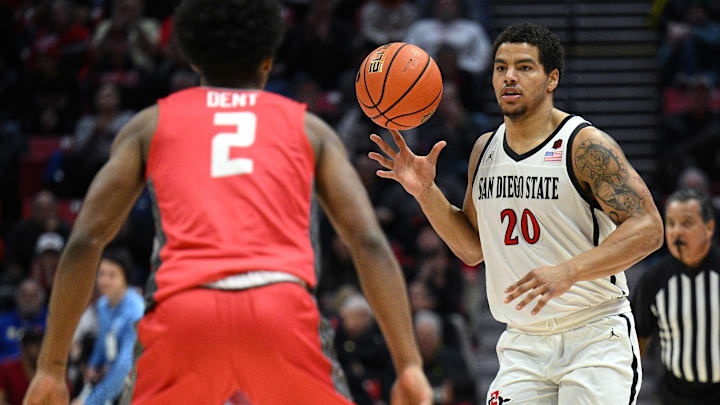 Jan 14, 2023; San Diego, California, USA; San Diego State Aztecs guard Matt Bradley (20) dribbles