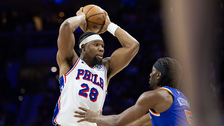 Jan 15, 2025; Philadelphia, Pennsylvania, USA; Philadelphia 76ers forward Guerschon Yabusele (28) in action against the New York Knicks during the fourth quarter at Wells Fargo Center. Mandatory Credit: Bill Streicher-Imagn Images