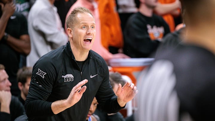 Feb 4, 2026; Stillwater, Oklahoma, USA; BYU Cougars coach Kevin Young reacts to a play during the second half against the Oklahoma State Cowboys at Gallagher-Iba Arena. Mandatory Credit: William Purnell-Imagn Images