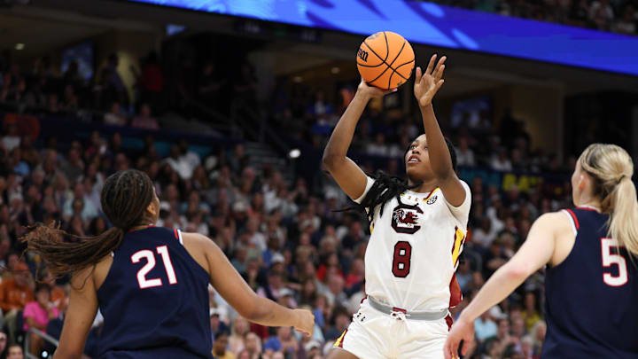 Apr 6, 2025; Tampa, FL, USA; South Carolina Gamecocks forward Joyce Edwards (8) shoots the ball against the Connecticut Huskies during the second half of the national championship of the women's 2025 NCAA tournament at Amalie Arena. Mandatory Credit: Nathan Ray Seebeck-Imagn Images