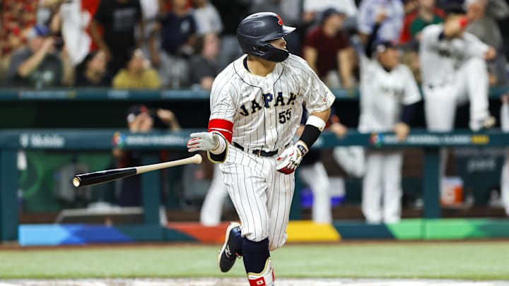 Mar 20, 2023; Miami, Florida, USA; Japan third baseman Munetaka Murakami (55) hits a walk-off double to win the game against Mexico during the ninth inning at LoanDepot Park. Mandatory Credit: Sam Navarro-Imagn Images Mar 20, 2023; Miami, Florida, USA; Japan third baseman Munetaka Murakami (55) hits a walk-off double to win the game against Mexico during the ninth inning at LoanDepot Park. Mandatory Credit: Sam Navarro-Imagn Images