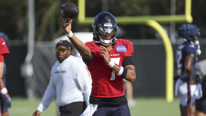 Jul 29, 2024; Houston, TX, USA; Houston Texans quarterback C.J. Stroud (7) during training camp at Houston Methodist Training Center. Mandatory Credit: Troy Taormina-USA TODAY Sports