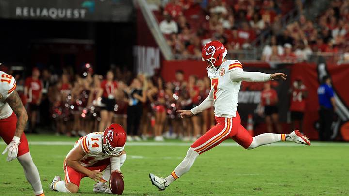 Aug 22, 2026; Tampa, Florida, USA;  Kansas City Chiefs place kicker Harrison Butker (7) makes a 69-yard field goal against the Tampa Bay Buccaneers during the first half at Raymond James Stadium.  Mandatory Credit: Kim Klement Neitzel-Imagn Images