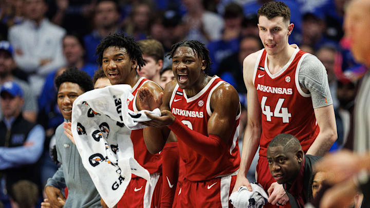 Feb 1, 2025; Lexington, Kentucky, USA; Arkansas Razorbacks forward Adou Thiero (3) celebrates from the bench during the first half Kentucky Wildcats at Rupp Arena at Central Bank Center. Mandatory Credit: Jordan Prather-Imagn Images