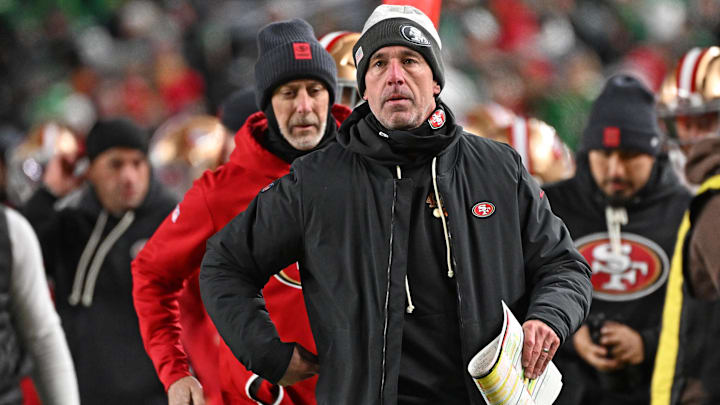 Jan 11, 2026; Philadelphia, PA, USA; San Francisco 49ers head coach Kyle Shanahan against the Philadelphia Eagles in an NFC Wild Card Round game at Lincoln Financial Field. Mandatory Credit: Eric Hartline-Imagn Images