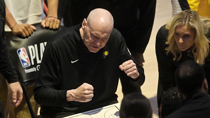 May 6, 2025; Cleveland, Ohio, USA; Indiana Pacers head coach Rick Carlisle reacts during a timeout in the fourth quarter during game two of the second round of the 2025 NBA Playoffs against the Cleveland Cavaliers at Rocket Arena. Mandatory Credit: David Richard-Imagn Images