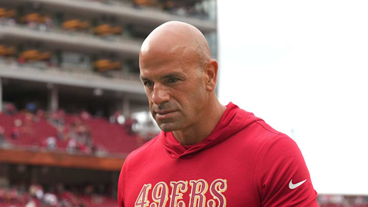 Sep 28, 2025; Santa Clara, California, USA; San Francisco 49ers defensive coordinator Robert Saleh walks off of the field after the game against the Jacksonville Jaguars at Levi's Stadium. Mandatory Credit: Darren Yamashita-Imagn Images