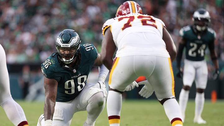 Sep 13, 2026; Philadelphia, Pennsylvania, USA; Philadelphia Eagles defensive tackle Jalen Carter (98) prepares to rush against Washington Commanders offensive tackle Josh Conerly Jr. (72) during the second half at Lincoln Financial Field. Mandatory Credit: Bill Streicher-Imagn Images Sep 13, 2026; Philadelphia, Pennsylvania, USA; Philadelphia Eagles defensive tackle Jalen Carter (98) prepares to rush against Washington Commanders offensive tackle Josh Conerly Jr. (72) during the second half at Lincoln Financial Field. Mandatory Credit: Bill Streicher-Imagn Images