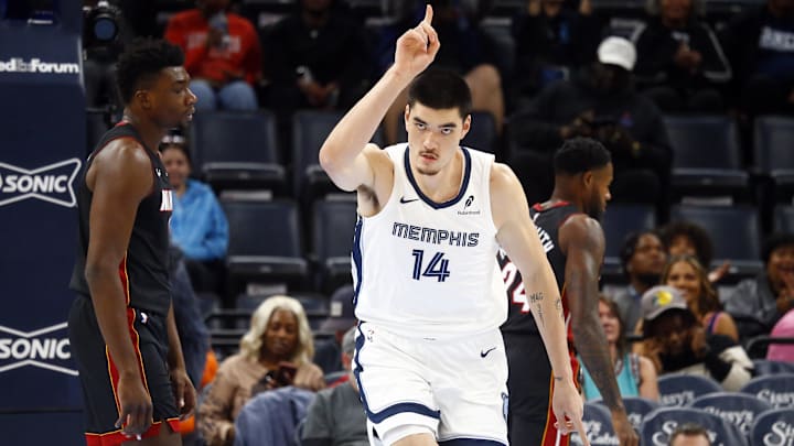 Oct 18, 2024; Memphis, Tennessee, USA; Memphis Grizzlies center Zach Edey (14) react after a dunk during the first half against the Miami Heat at FedExForum. Mandatory Credit: Petre Thomas-Imagn Images
Oct 18, 2024; Memphis, Tennessee, USA; Memphis Grizzlies center Zach Edey (14) react after a dunk during the first half against the Miami Heat at FedExForum. Mandatory Credit: Petre Thomas-Imagn Images