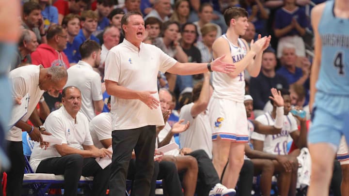 Kansas Jayhawks head coach Bill Self yells out in the first half of the game against Washburn inside Allen Fieldhouse Tuesday, Oct. 29, 2024.