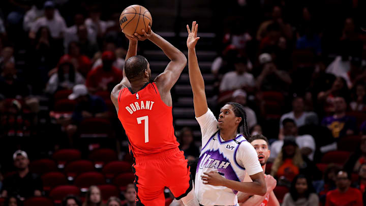 Apr 3, 2026; Houston, Texas, USA; Utah Jazz forward Cody Williams (5) defends against Houston Rockets forward Kevin Durant (7) during the first quarter at Toyota Center. Mandatory Credit: Erik Williams-Imagn Images Apr 3, 2026; Houston, Texas, USA; Utah Jazz forward Cody Williams (5) defends against Houston Rockets forward Kevin Durant (7) during the first quarter at Toyota Center. Mandatory Credit: Erik Williams-Imagn Images