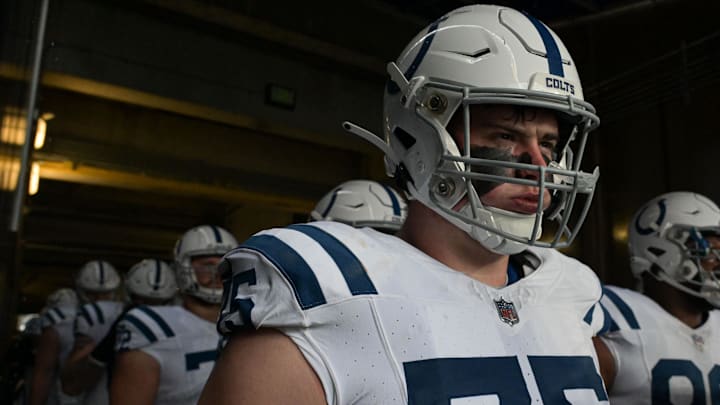Sep 24, 2023; Baltimore, Maryland, USA; Indianapolis Colts guard Will Fries (75) stands with teammates before the game against the Baltimore Ravens at M&T Bank Stadium. Mandatory Credit: Tommy Gilligan-Imagn Images