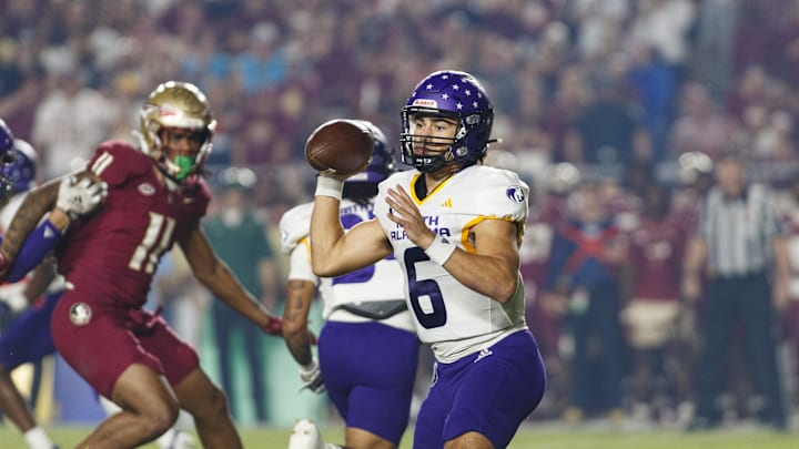 Nov 18, 2023; Tallahassee, Florida, USA; North Alabama Lions quarterback Noah Walters (6) throws a pass against Florida State Seminoles during the first quarter at Doak S. Campbell Stadium. Mandatory Credit: Morgan Tencza-Imagn Images