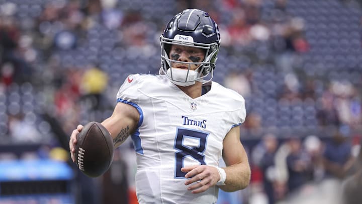 Dec 31, 2023; Houston, Texas, USA; Tennessee Titans quarterback Will Levis (8) before the game Dec 31, 2023; Houston, Texas, USA; Tennessee Titans quarterback Will Levis (8) before the game
