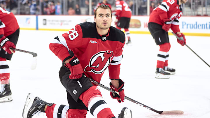 Dec 10, 2024; Newark, New Jersey, USA; New Jersey Devils right wing Timo Meier (28) before the game against the Toronto Maple Leafs at Prudential Center. Mandatory Credit: Luther Schlaifer-Imagn Images Dec 10, 2024; Newark, New Jersey, USA; New Jersey Devils right wing Timo Meier (28) before the game against the Toronto Maple Leafs at Prudential Center. Mandatory Credit: Luther Schlaifer-Imagn Images