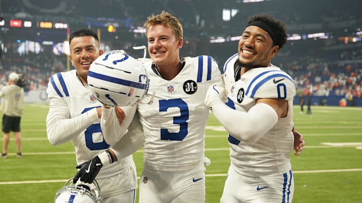 ndianapolis Colts punter Rigoberto Sanchez (8) and place kicker Spencer Shrader (3) and safety Cam Bynum (0) celebrate the win against the Denver Broncos at Lucas Oil Stadium. ndianapolis Colts punter Rigoberto Sanchez (8) and place kicker Spencer Shrader (3) and safety Cam Bynum (0) celebrate the win against the Denver Broncos at Lucas Oil Stadium.