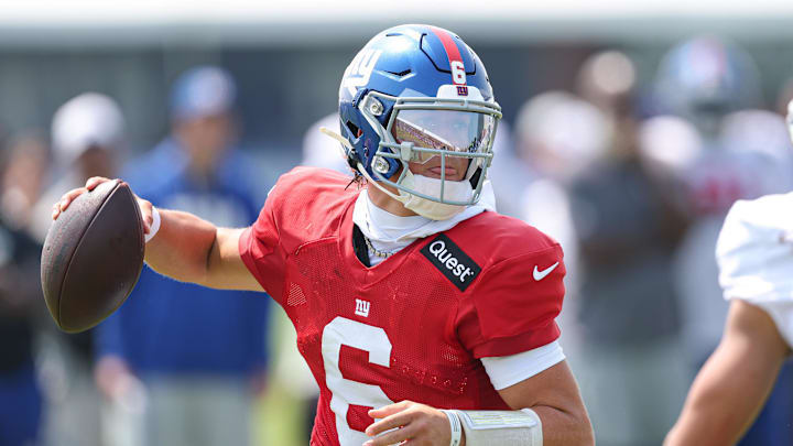 Aug 4, 2025; East Rutherford, NJ, USA; New York Giants quarterback Jaxson Dart (6) drops back to pass during training camp at Quest Diagnostics Training Center. Aug 4, 2025; East Rutherford, NJ, USA; New York Giants quarterback Jaxson Dart (6) drops back to pass during training camp at Quest Diagnostics Training Center.
