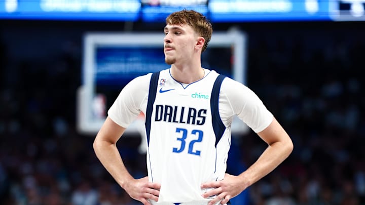 Oct 22, 2025; Dallas, Texas, USA;  Dallas Mavericks forward Cooper Flagg (32) reacts against the San Antonio Spurs  during the second half at American Airlines Center. Mandatory Credit: Kevin Jairaj-Imagn Images