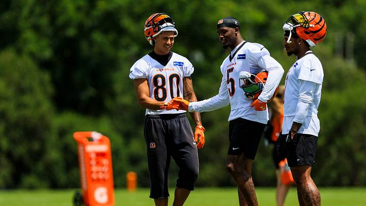 Jun 16, 2026; Cincinnati, OH, USA; Cincinnati Bengals wide receiver Andrei Iosivas (80) shakes hands with wide receiver Tee Higgins (5) during minicamp at Kettering Health Practice Fields. Mandatory Credit: Katie Stratman-Imagn Images Jun 16, 2026; Cincinnati, OH, USA; Cincinnati Bengals wide receiver Andrei Iosivas (80) shakes hands with wide receiver Tee Higgins (5) during minicamp at Kettering Health Practice Fields. Mandatory Credit: Katie Stratman-Imagn Images