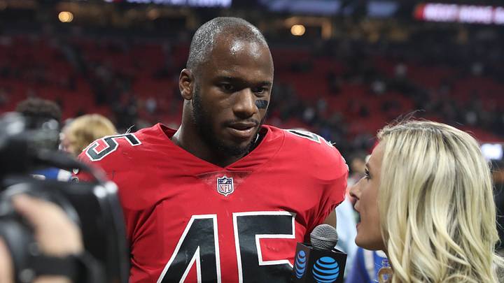 Dec 7, 2017; Atlanta, GA, USA; Atlanta Falcons linebacker Deion Jones (45) talks with a reporter after their game against the New Orleans Saints at Mercedes-Benz Stadium. Mandatory Credit: Jason Getz-USA TODAY Sports Dec 7, 2017; Atlanta, GA, USA; Atlanta Falcons linebacker Deion Jones (45) talks with a reporter after their game against the New Orleans Saints at Mercedes-Benz Stadium. Mandatory Credit: Jason Getz-USA TODAY Sports