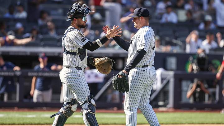 Jun 7, 2026; Bronx, New York, USA;  New York Yankees catcher J.C. Escarra (25) and relief pitcher David Bednar (53) celebrate after defeating the Boston Red Sox  at Yankee Stadium. Mandatory Credit: Wendell Cruz-Imagn Images