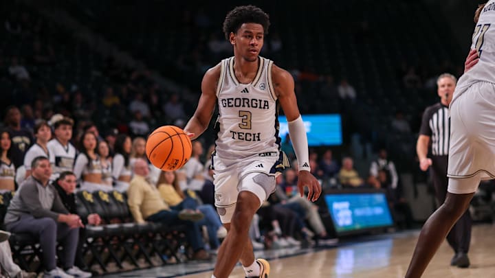Feb 18, 2026; Atlanta, Georgia, USA; Georgia Tech Yellow Jackets guard Jaeden Mustaf (3) dribbles against the Virginia Cavaliers in the second half at McCamish Pavilion. Mandatory Credit: Brett Davis-Imagn Images
