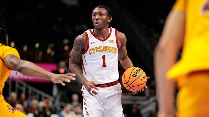 Mar 11, 2026; Kansas City, MO, USA; Iowa State Cyclones guard Jamarion Batemon (1) brings the ball up court during the first half against the Arizona State Sun Devils at T-Mobile Center. Mandatory Credit: William Purnell-Imagn Images