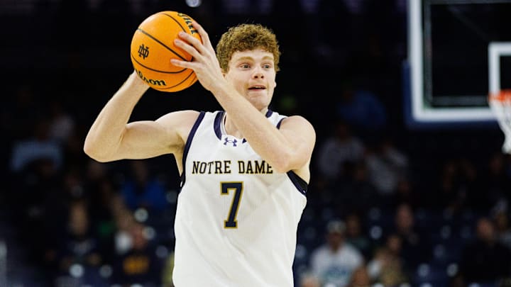 Notre Dame forward Ryder Frost looks for an open teammate during a NCAA basketball game against LIU Brooklyn at Purcell Pavilion on Monday, Nov. 3, 2025, in South Bend.