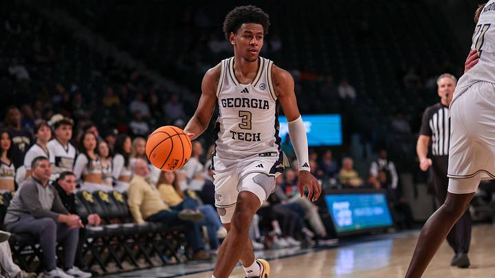 Feb 18, 2026; Atlanta, Georgia, USA; Georgia Tech Yellow Jackets guard Jaeden Mustaf (3) dribbles against the Virginia Cavaliers in the second half at McCamish Pavilion. Mandatory Credit: Brett Davis-Imagn Images