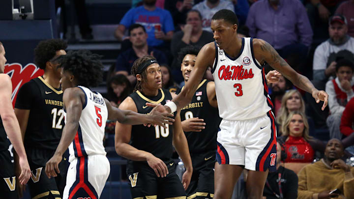 Jan 13, 2024; Oxford, Mississippi, USA; Mississippi Rebels forward Jamarion Sharp (3) reacts with