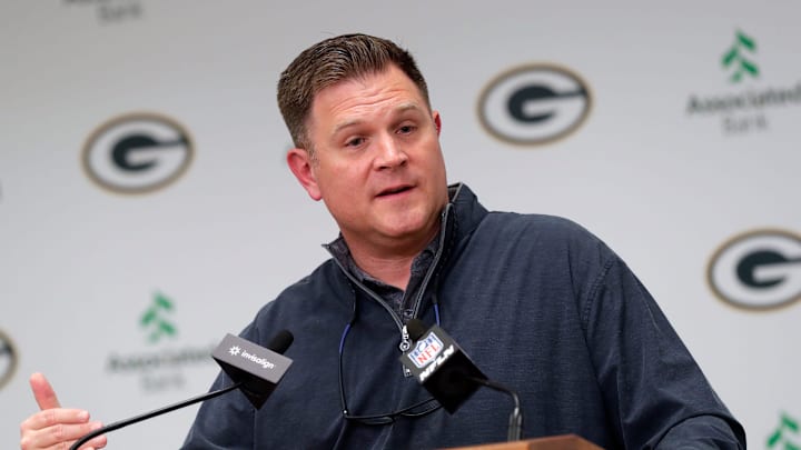 Green Bay Packers general manager Brian Gutekunst speaks to media after trading quarterback Aaron