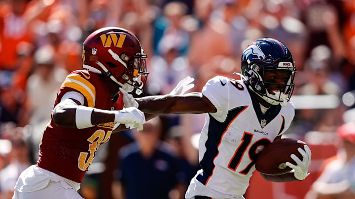Sep 17, 2023; Denver, Colorado, USA; Denver Broncos wide receiver Marvin Mims Jr. (19) runs for a