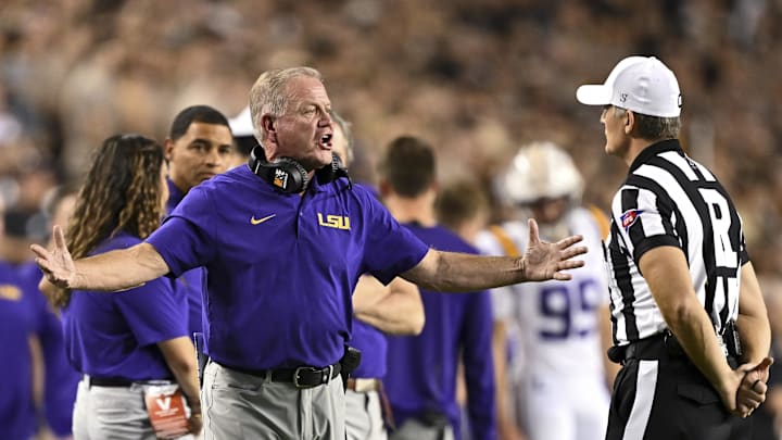 Oct 26, 2024; College Station, Texas, USA; LSU Tigers head coach Brian Kelly speaks with the officials during the second quarter against the Texas A&M Aggies. The Aggies defeated the Tigers 38-23; at Kyle Field. Mandatory Credit: Maria Lysaker-Imagn Images.  
