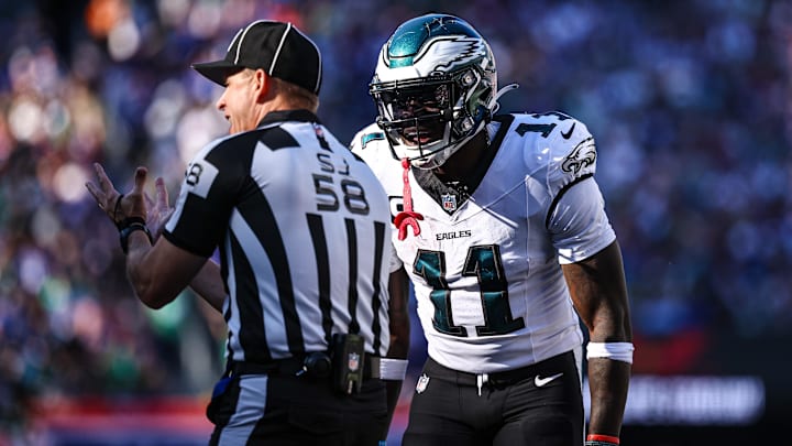 Oct 20, 2024; East Rutherford, New Jersey, USA; Philadelphia Eagles wide receiver A.J. Brown (11) reacts in front of side judge Don Willard (58) during the second half against the New York Giants at MetLife Stadium. Mandatory Credit: Vincent Carchietta-Imagn Images Oct 20, 2024; East Rutherford, New Jersey, USA; Philadelphia Eagles wide receiver A.J. Brown (11) reacts in front of side judge Don Willard (58) during the second half against the New York Giants at MetLife Stadium. Mandatory Credit: Vincent Carchietta-Imagn Images